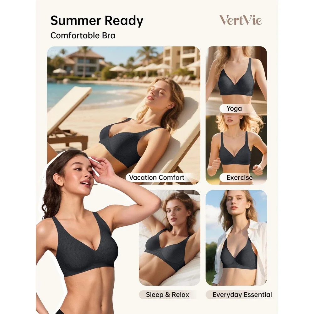 Vertvie Women's Black Jelly Wireless Bras Push Up Plunge Seamless T-shirt No XL